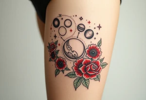Milky way galaxy with planets with zodiac symbols and protection runes in it with red roses and sunflowers tattoo idea