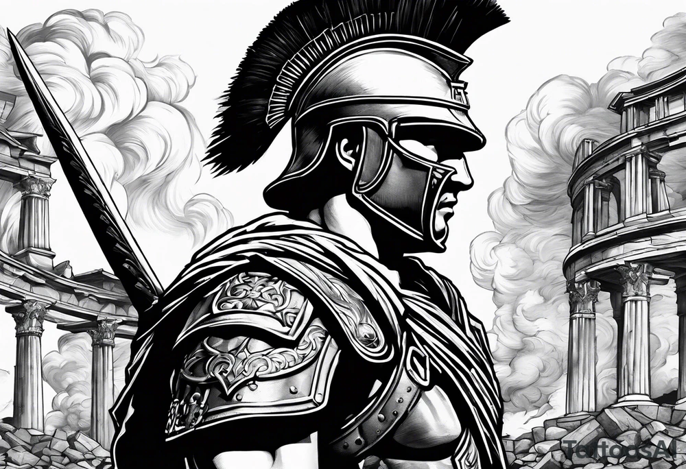 Roman soldier looking left at burning ruins tattoo idea Roman soldier looking left at burning ruins tattoo idea