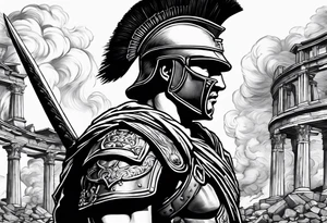 Roman soldier looking left at burning ruins tattoo idea