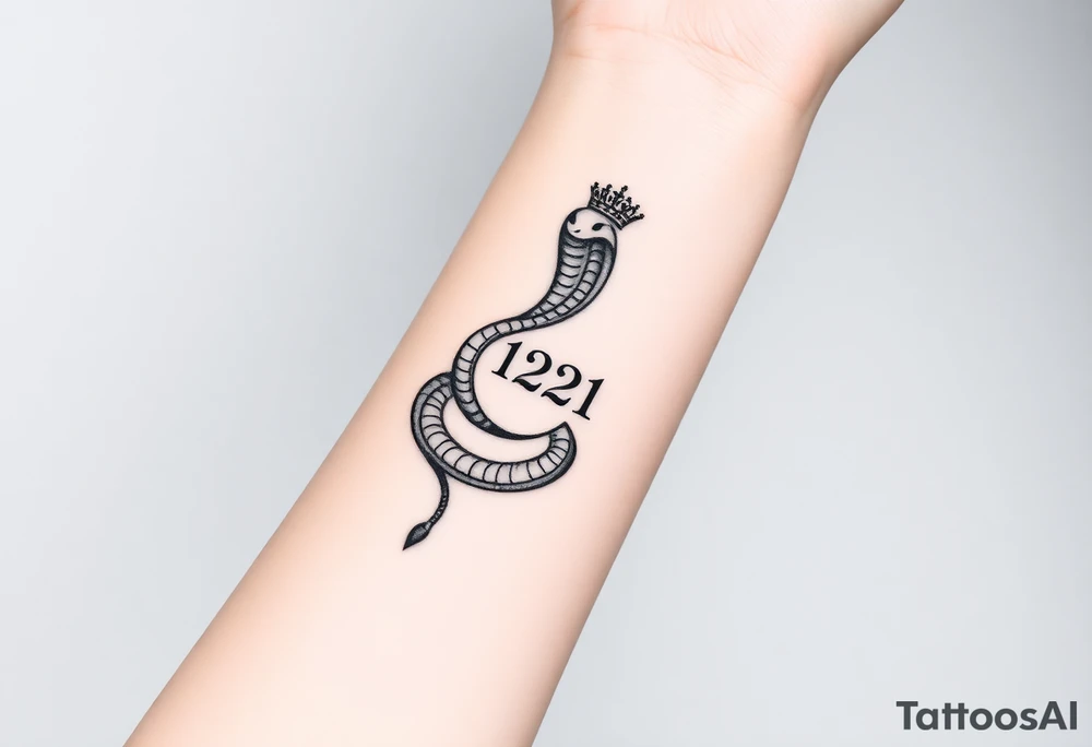 I want a small simple silhouette lines black and white wrist majestic royal snake tattoo that has number 12821 on its body along and also I want it to represent feminine energy crown queen Cycle tattoo idea