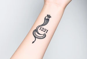 I want a small simple silhouette lines black and white wrist majestic royal snake tattoo that has number 12821 on its body along and also I want it to represent feminine energy crown queen Cycle tattoo idea