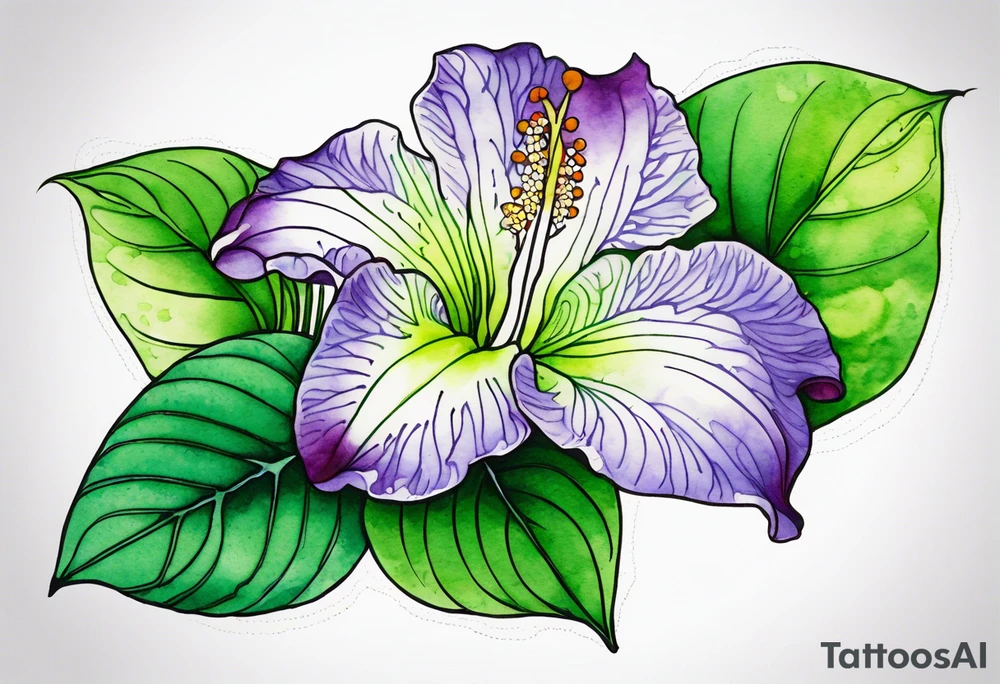 An outline of a green rio dipladenia flower and a green/purple watercolor in the background tattoo idea