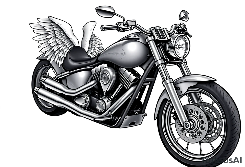 Low rider grey motorcycle, big muffler pipes with flames, angel wings, driving away, no person tattoo idea