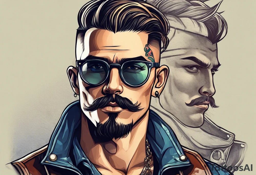 Attractive Male, slim oval face, sunken eyed, Short mustache, tools, ray-bans, no hair on sides and pony-tail on top, mechanic tattoo idea