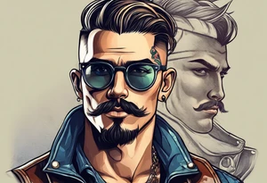 Attractive Male, slim oval face, sunken eyed, Short mustache, tools, ray-bans, no hair on sides and pony-tail on top, mechanic tattoo idea