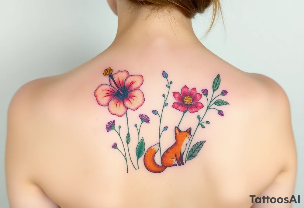 wild hibiscus and meadow flowers with morning dew drops and foxes tattoo idea