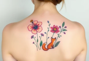 wild hibiscus and meadow flowers with morning dew drops and foxes tattoo idea