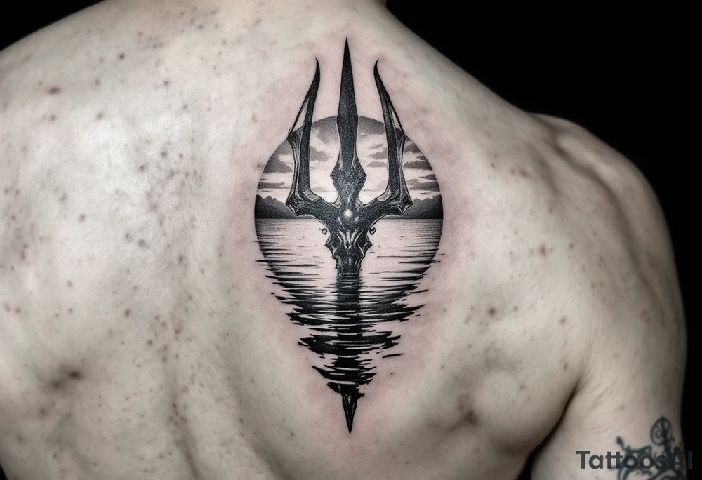 trident with Poseidon half way under calm water at sunset tattoo idea