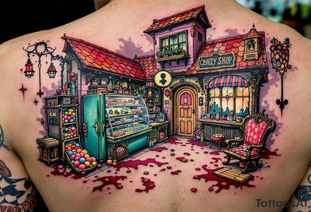 Tim Burton’s candy shop is abandoned and dripping with muted reds, dusty pinks, and eerie green glow. tattoo idea