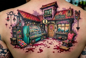Tim Burton’s candy shop is abandoned and dripping with muted reds, dusty pinks, and eerie green glow. tattoo idea