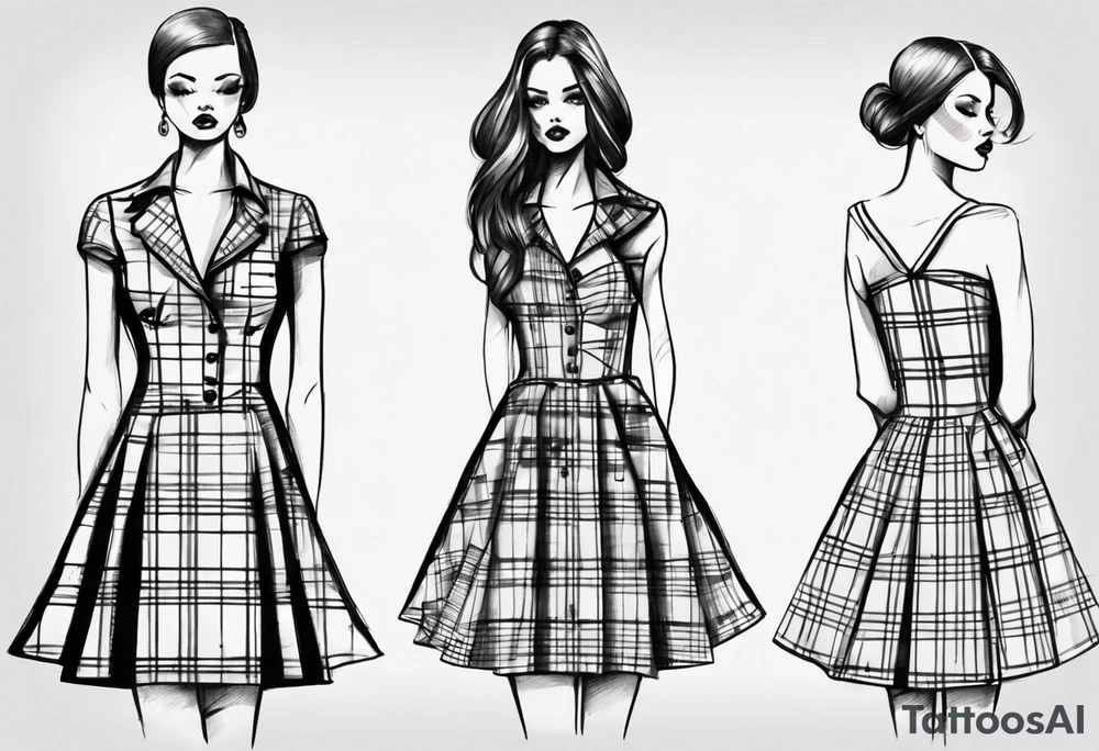 sketch of a plaid dress on a tailor's model tattoo idea