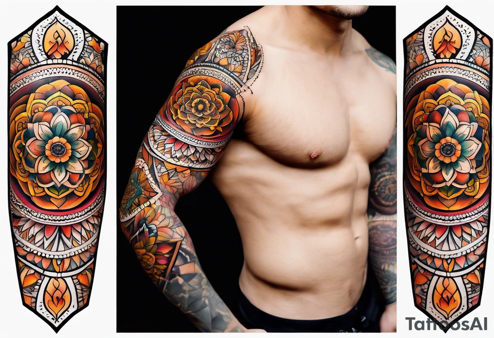 simple male mandala elbow tattoo in fall colors tattoo idea