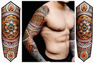 simple male mandala elbow tattoo in fall colors tattoo idea