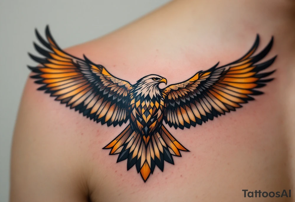 A majestic eagle in flight with wings spread wide, its feathers detailed in shades of deep brown, gold, and cream. tattoo idea