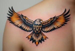 A majestic eagle in flight with wings spread wide, its feathers detailed in shades of deep brown, gold, and cream. tattoo idea