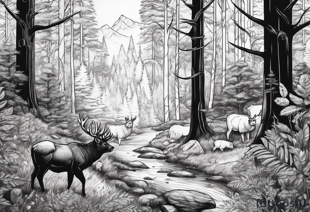 Forest with a lot of trees and animals exploring tattoo idea