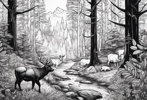 Forest with a lot of trees and animals exploring tattoo idea