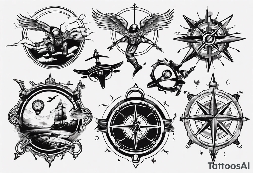 skydiving, shooting guns, compass, adventure tattoo idea skydiving, shooting guns, compass, adventure tattoo idea