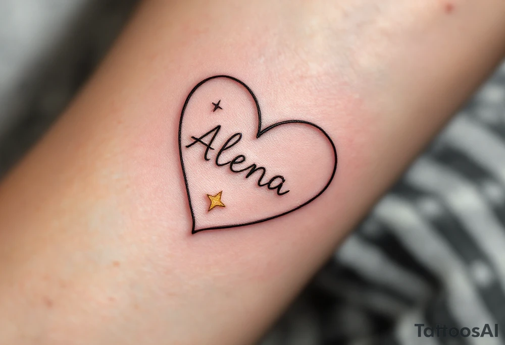 A fine-line heart in black, with the name "Alena" scripted inside in a rich gold font, paired with a small, soft yellow star to symbolize guidance. tattoo idea