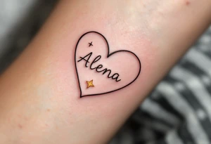 A fine-line heart in black, with the name "Alena" scripted inside in a rich gold font, paired with a small, soft yellow star to symbolize guidance. tattoo idea