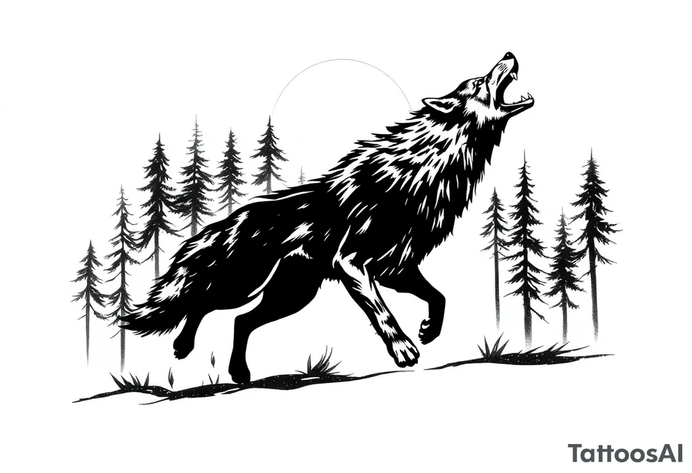 Silhouette of a werewolf running through a forest under a moonlit sky. tattoo idea