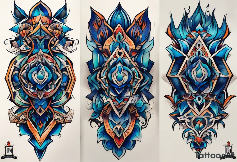 semi Detailed neo traditional knee tattoo flat on paper. The tattoo features geometric patterns and bold lines, creating a visually striking design with slight tints of deep fall colors. outside the tattoo features deep blues washes and water swirls tattoo idea