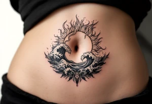 Bellybutton tattoo: a flaming sun with waves in the background tattoo idea