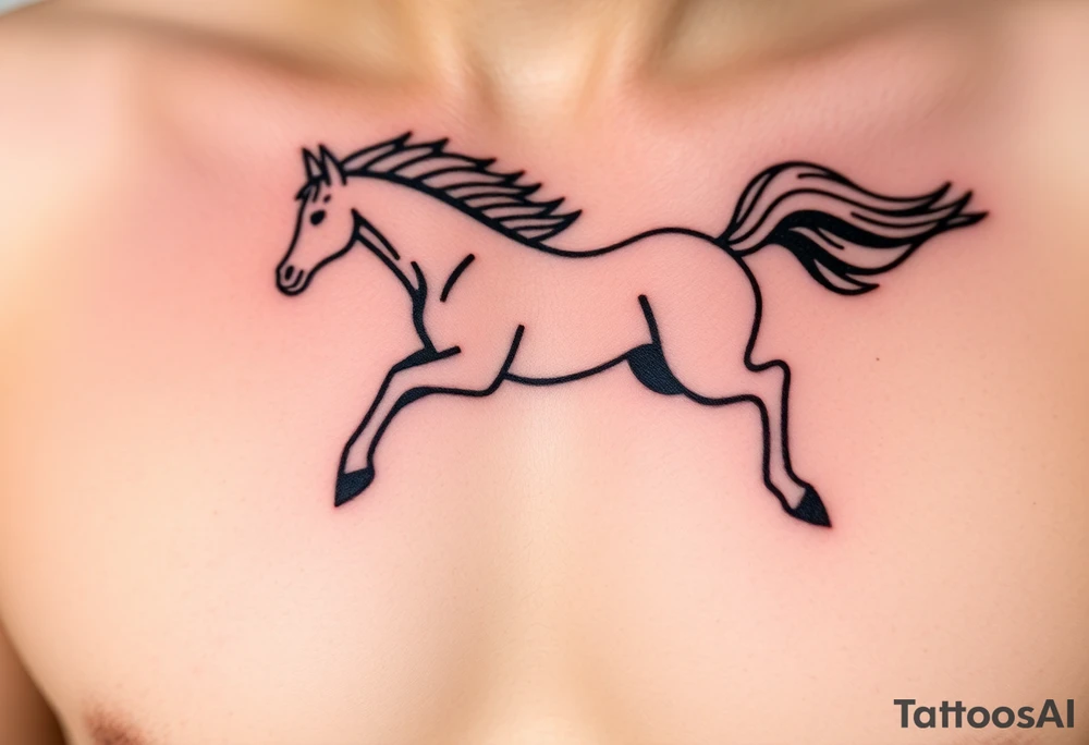The tattoo represents a supernatural encounter with a golden horse with jet-black fur in the mountains of Choquequirao (Cusco, Peru). This mysterious, fleeting horse symbolizes strength, energy, and spiritual rebirth. It appeared at full speed, its hooves shaking the ground, its breath so powerful it drowned out all other sounds. The narrator felt no fear, only awe as the horse took a perfect curve, muscles tense, radiating power and grace. Its presence transformed the narrator, giving them the energy to complete an exhausting trek and leaving them with a profound connection to something greater. The tattoo aims to capture the essence of this moment: strength, speed, beauty, and the spirit of the mountain. tattoo idea