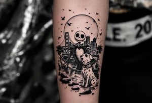 jack skellington with dog,smoking a blunt and fishing,surrounded by city buildings,golden gate bridge, birds, palm trees, tattoo idea