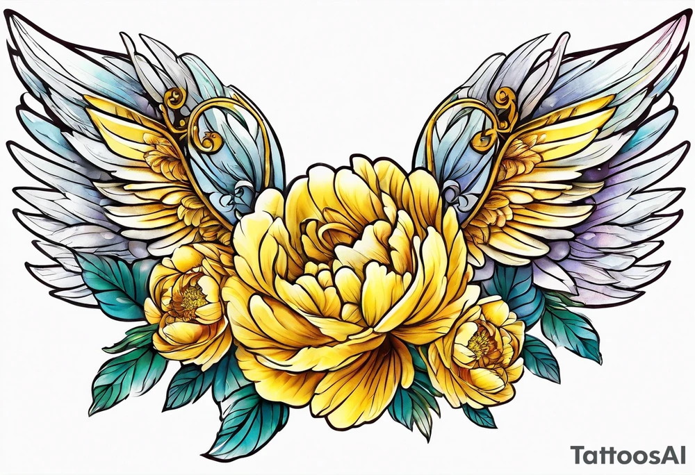 beautiful golden yellow angel wings with colorful peonies. beautiful flilligree in the background , full color tattoo idea