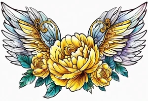 beautiful golden yellow angel wings with colorful peonies. beautiful flilligree in the background , full color tattoo idea