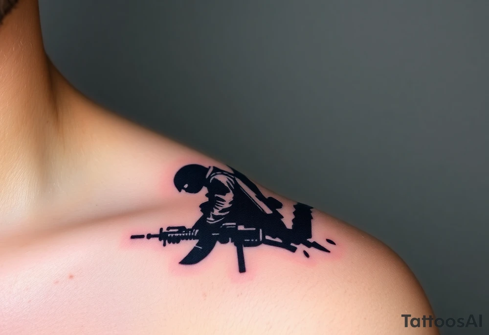 Minimalist covert operative symbolism representing loyalty and survival, faceless soldier silhouette emerging from darkness, torn fabric, subtle scars, controlled posture, black and grey realism, emotional restraint, understated strength, tattoo sleeve element. tattoo idea