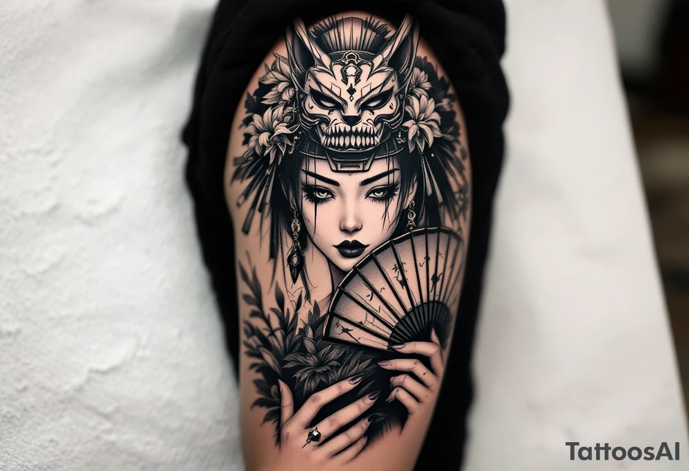 japanese samurai woman wearing a kitsune half-mask and  holding a fan with irises flowers tattoo idea