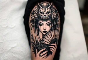 japanese samurai woman wearing a kitsune half-mask and  holding a fan with irises flowers tattoo idea