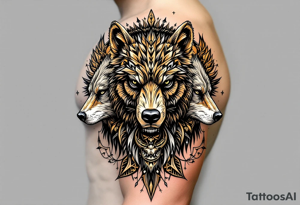 A totem of four animal totems (bear, wolf, eagle, buffalo) in earth tones, representing the medicine wheel. tattoo idea
