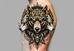 A totem of four animal totems (bear, wolf, eagle, buffalo) in earth tones, representing the medicine wheel. tattoo idea