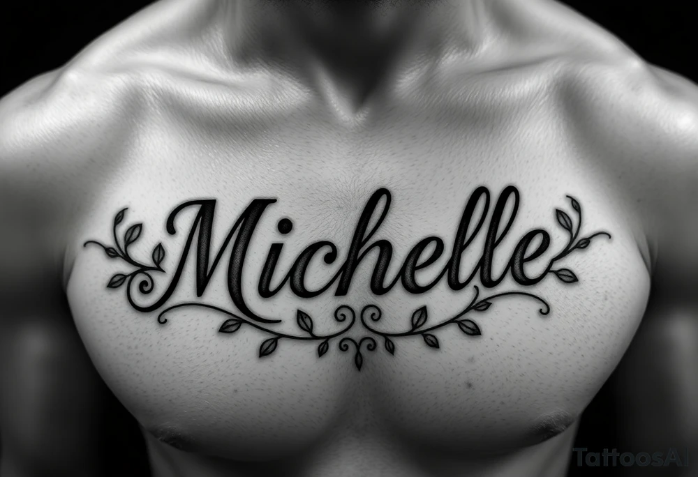 Create a tattoo on a man’s chest if a woman’s name Michelle. Place Ivy around the name tattoo idea