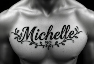 Create a tattoo on a man’s chest if a woman’s name Michelle. Place Ivy around the name tattoo idea