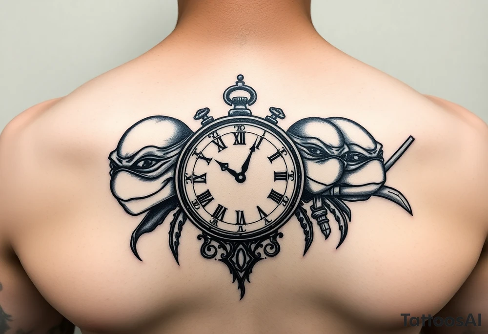 give me a full front neck tattoo of the 4 ninja turtles on the right and danny phantom on the left with a clock in the middle in all black ink tattoo idea