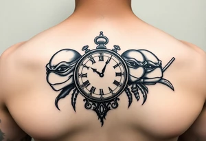 give me a full front neck tattoo of the 4 ninja turtles on the right and danny phantom on the left with a clock in the middle in all black ink tattoo idea