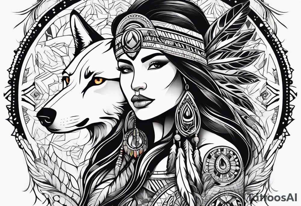 abstract organic line artwork woman, native american, wolf tattoo idea