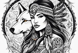 abstract organic line artwork woman, native american, wolf tattoo idea