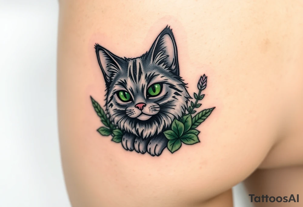 6x6 cartoon style tattoo for back of thigh of along haired grey cat with green eyes surrounded by house plants tattoo idea