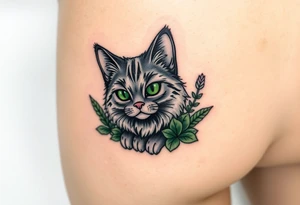 6x6 cartoon style tattoo for back of thigh of along haired grey cat with green eyes surrounded by house plants tattoo idea