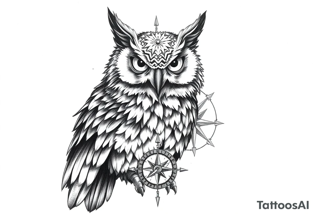 an owl,a compass,landscape. tattoo idea