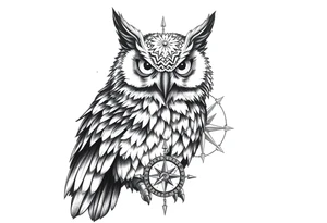 an owl,a compass,landscape. tattoo idea