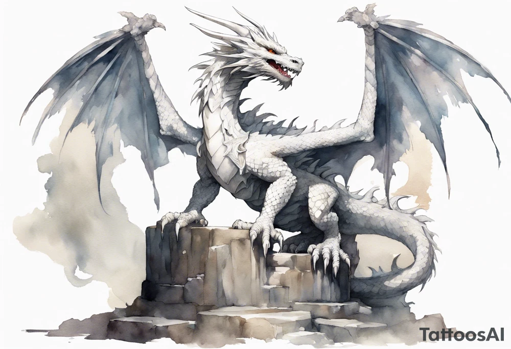 a white feathered dragon wearing a plain iron diadem, standing on a stone throne tattoo idea