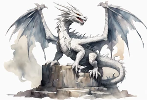 a white feathered dragon wearing a plain iron diadem, standing on a stone throne tattoo idea