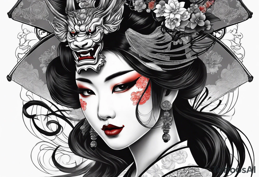 geisha pulling off hannya mask tattoo idea