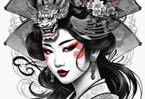 geisha pulling off hannya mask tattoo idea